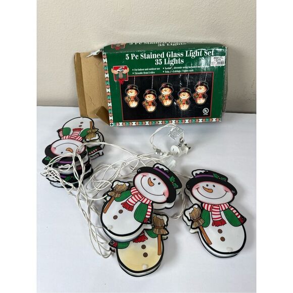 Vintage Snowman Christmas string lights 5 pc plastic stained glass in box - Picture 3 of 5